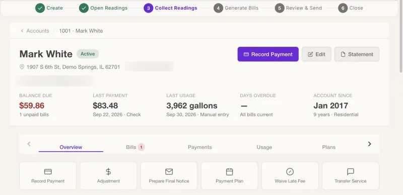 An account screen for a sample customer: balance due, last payment, last usage, days overdue and account age, with buttons for payments, adjustments, payment plans and more.