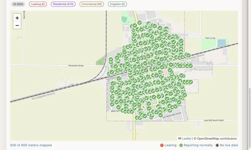 The AMI meter map: 600 smart meters plotted on a town's streets, each marked as reporting normally.