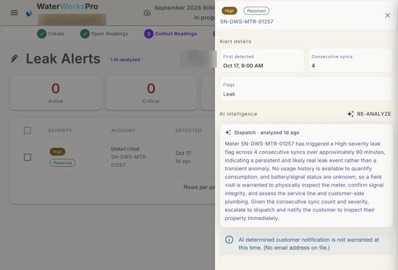 A leak alert opened in detail: flagged across four consecutive syncs, with an AI recommendation to send someone to inspect the meter and service line.