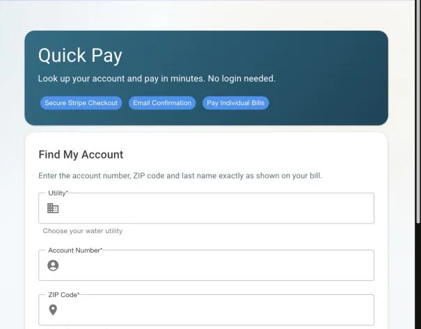 The Quick Pay page: customers find their account by utility, account number, ZIP code and last name, with no login needed.